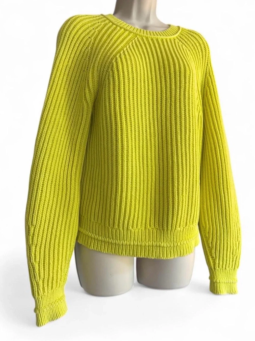 J.Crew Bright Green Ribbed Cotton Crewneck Sweater M Chunky Knit Preppy